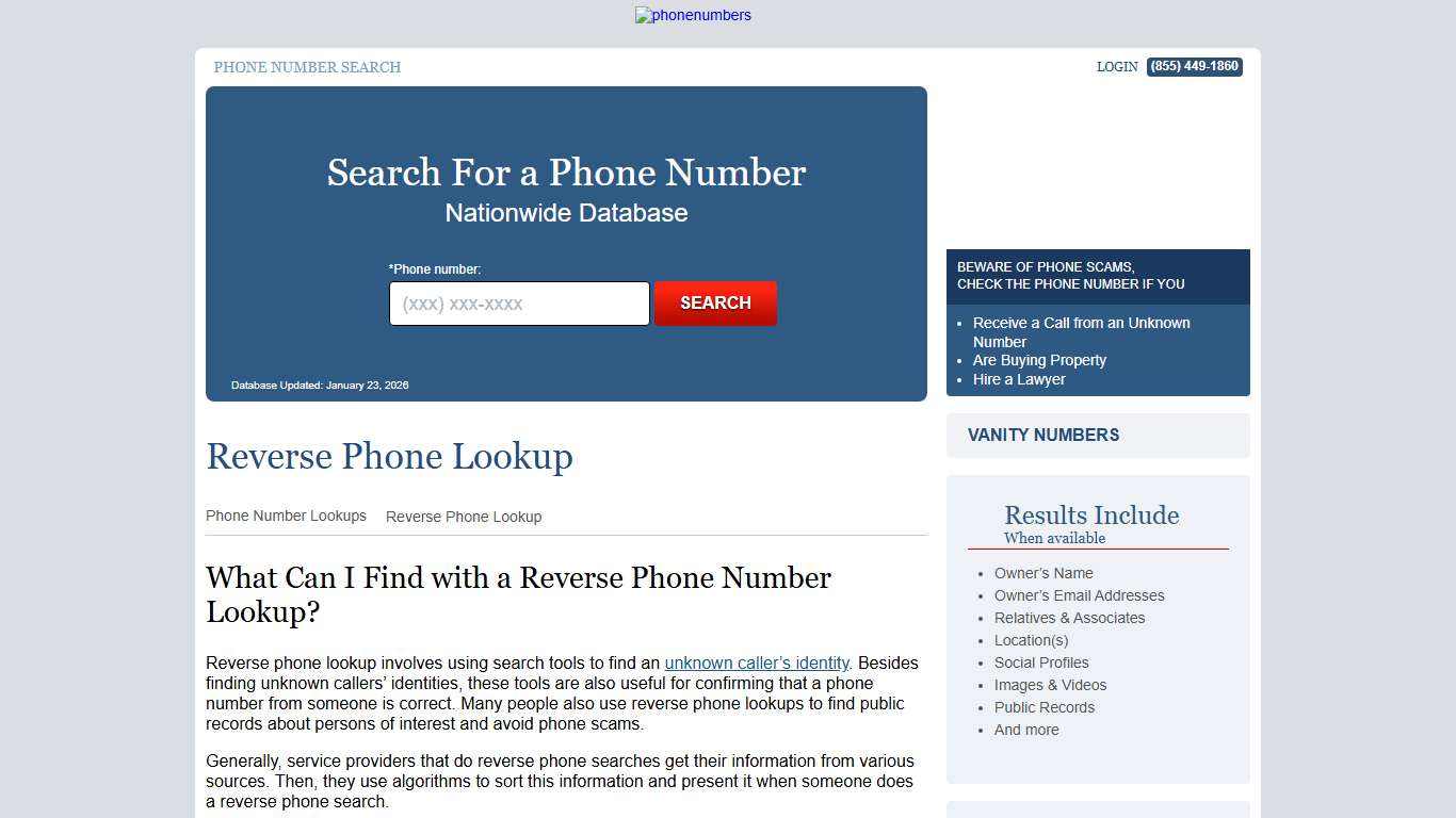 Reverse Phone Lookup PhoneNumbers.org